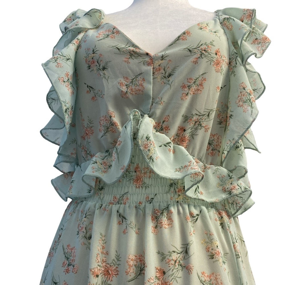 Dex NWT Ruffle Floral Midi Dress Tie Back Green Pink Size S Flowy - Picture 11 of 15